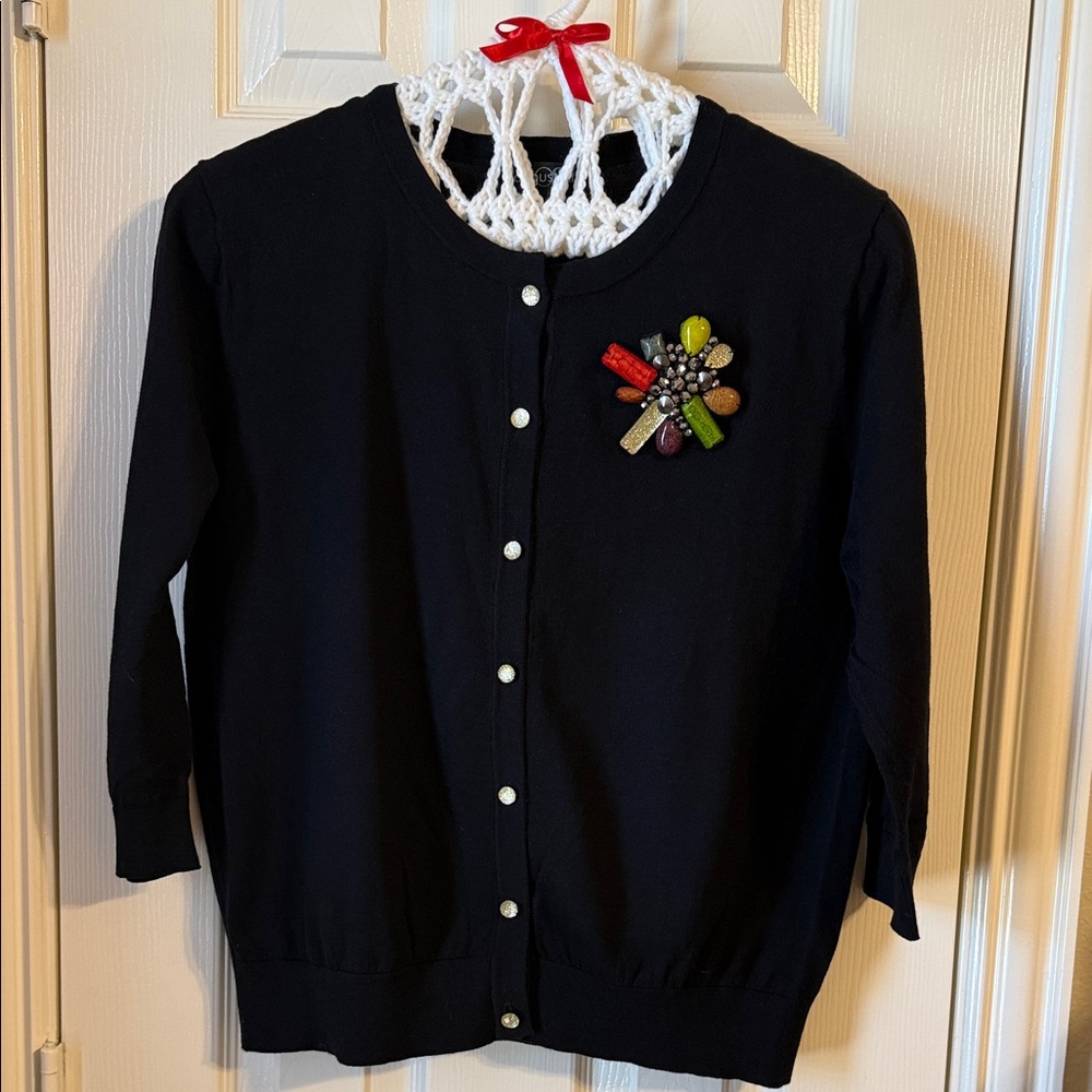 August Silk black cardigan with brooch size XL 
like new
